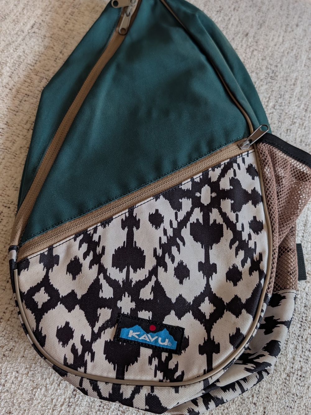 Kavu Teal, Black and Cream Patterned Sling Backpack